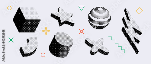 Bitmap textured shape set. Dither halftone geometric object collection. Black sphere, cube, arc, cylinder, star, bolt elements for banner, poster, leaflet. Pixel 3d raster effect bundle. Vector pack