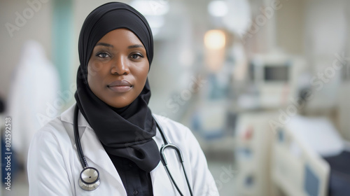 African American female doctor wearing hijab and a white coat, standing in a hospital room with a blurred background. Healthcare worker diversity concept