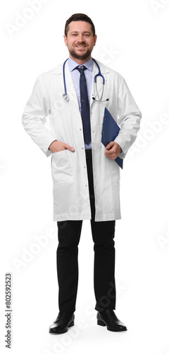 Full length portrait of smiling doctor with clipboard isolated on white © New Africa