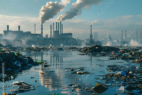 Severe industrial pollution with a littered waterfront and smokestacks in the background, emphasizing environmental issues photo
