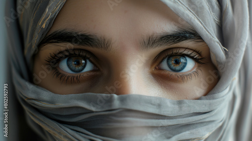 beautiful young woman with light blue eyes wearing a hijab, a closeup of her face with only the fabric covering it and both eyebrows visible. camouflage princess headscarf