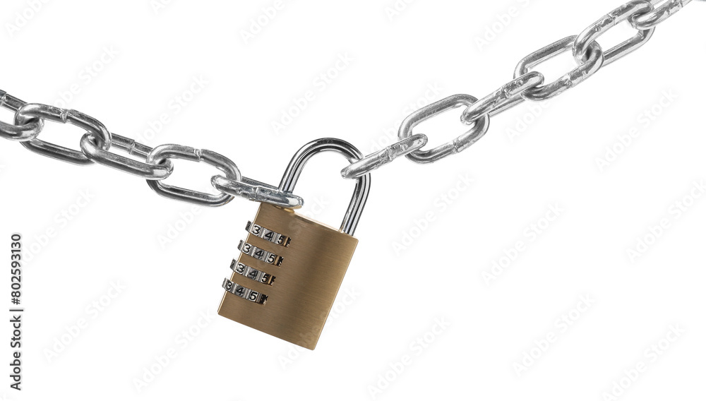 Steel combination padlock and chain isolated on white Steel combination padlock and chain isolated on white