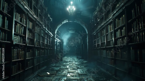 In a hidden chamber deep within a mystical library rows of shelves filled with aging mcripts cast an otherworldly glow exposing the . . photo