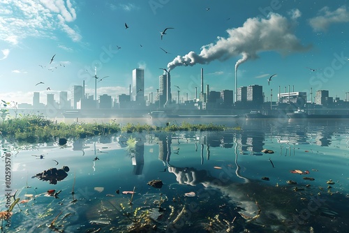 A cityscape with industrial smokestacks and a polluted water foreground, depicting the clash between urbanization and environmental health