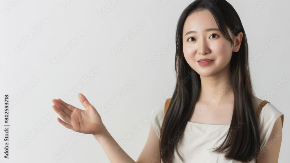 White tank top. Against plain gray backdrop, cheerful young woman with long dark hair smiles brightly at camera, raising one arm and displaying open palm in friendly, inviting gesture. White tank top. Against plain gray backdrop, cheerful young woman with long dark hair smiles brightly at camera, raising one arm and displaying open palm in friendly, inviting gesture.