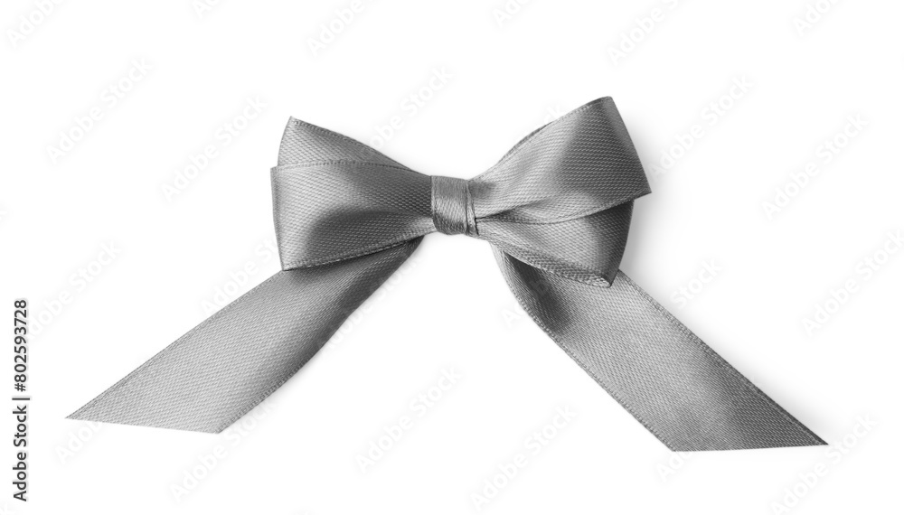 Grey satin ribbon bow on white background, top view Grey satin ribbon bow on white background, top view