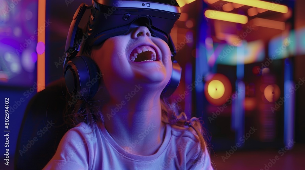 A young child laughs as they play a video game using a braincomputer interface their movements and actions controlled solely by their mind..