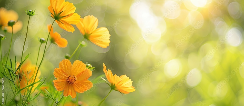 Beautiful orange cosmos flowers blooming in close-up against a blurred background in the morning sunlight, providing ample space for text. Beautiful orange cosmos flowers blooming in close-up against a blurred background in the morning sunlight, providing ample space for text.