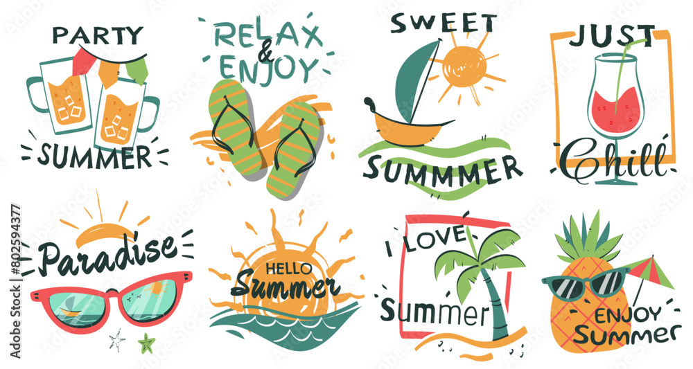 Summer Holidays Labels Logos Hand Drawn Stock Vector.