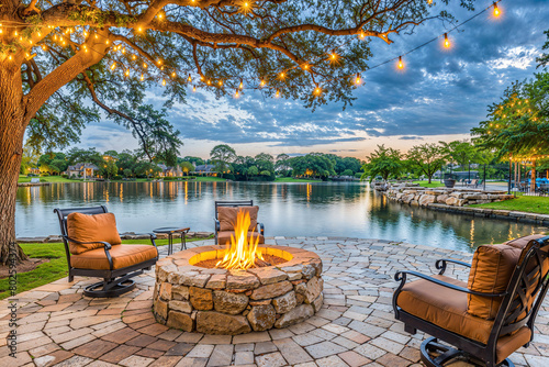 Outdoor stone firepit and stone porch with chairs and light strands on lake waterfront, exterior design