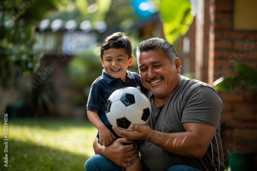 Latin father with a soccer ball in his hand, holding up his son outdoors © Lux Images