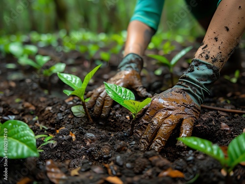 Volunteers planting trees in a deforested area, hands dirty with earth, hope sprouting anew