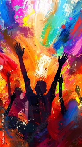 Colorful Celebration: Happy People with Raised Arms in Dynamic Scene