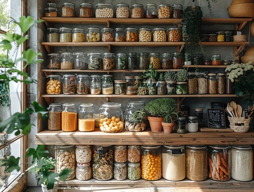 Zero waste lifestyle kitchen, bamboo and recycled materials, fresh organic produce on display