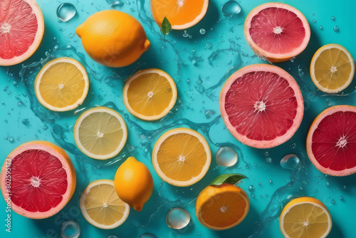 Slices of fresh juicy grapefruits, oranges, lemons in water splashes on blue background. Citrus fruits cut in water drops. Summer freshness, poster design. Flat lay, top view