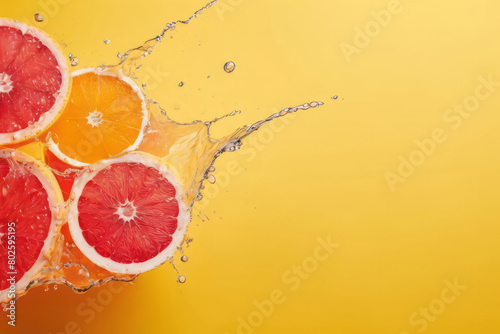 Slices of fresh juicy grapefruits, oranges in water splashes on yellow background with copy space. Citrus fruits cut in water drops. Summer freshness, poster design. Flat lay, top view