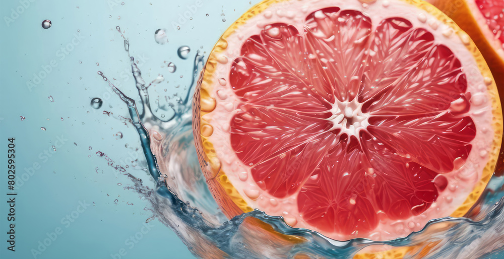 Slices of fresh juicy grapefruits in water splashes on blue background. Citrus fruits cut in water drops. Summer freshness, poster design. Flat lay, top view Slices of fresh juicy grapefruits in water splashes on blue background. Citrus fruits cut in water drops. Summer freshness, poster design. Flat lay, top view