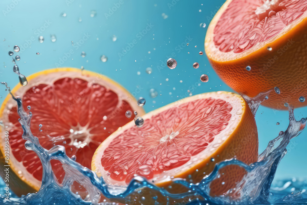 Slices of fresh juicy grapefruits in water splashes on blue background. Citrus fruits cut in water drops. Summer freshness, poster design. Flat lay, top view Slices of fresh juicy grapefruits in water splashes on blue background. Citrus fruits cut in water drops. Summer freshness, poster design. Flat lay, top view