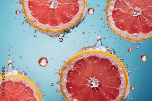 Slices of fresh juicy grapefruits in water splashes on blue background. Citrus fruits cut in water drops. Summer freshness  poster design. Flat lay  top view