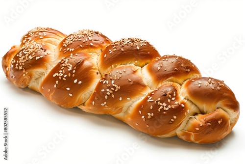Freshly baked challah bread with sesame seeds on a white background photo