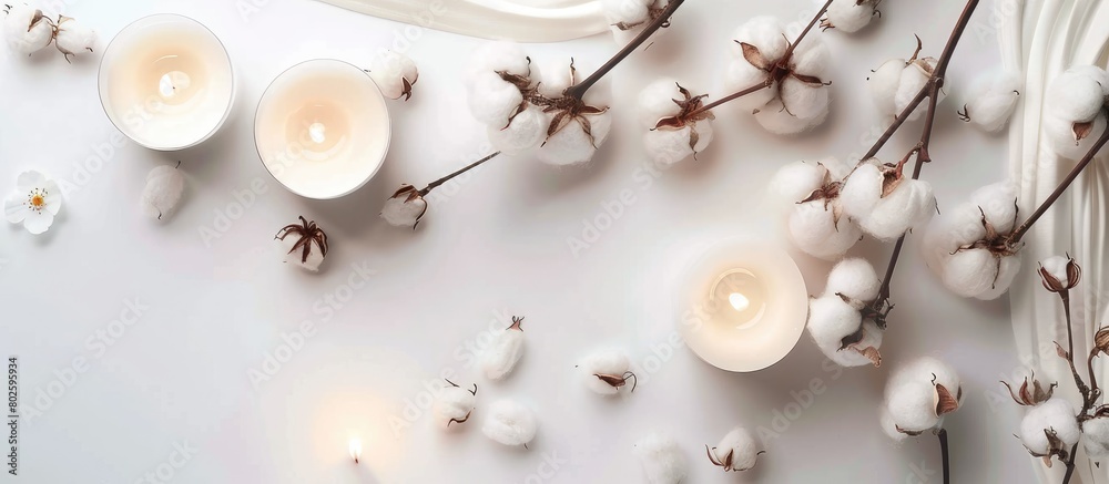 Spa setting with candles and cotton flowers against a white background. Flat lay, mock up image taken from above.