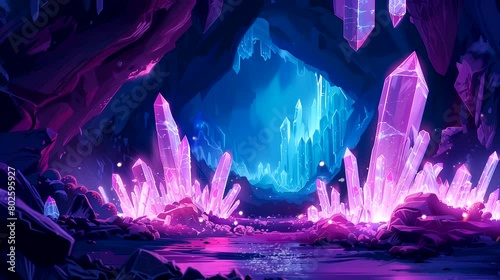 Ethereal cave adorned with pinky luminescent crystals. Fantasy landscape anime or cartoon style, looping 4k video animation background photo