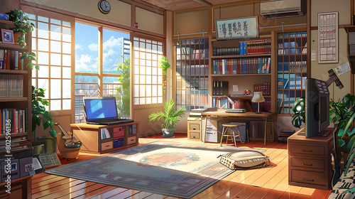 Anime lofi living room with study table
