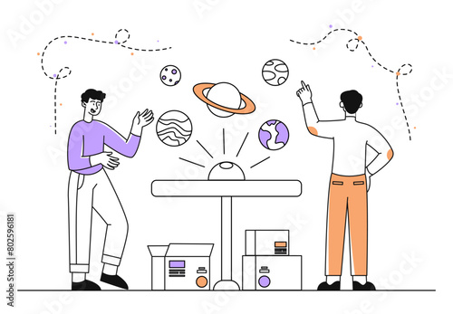 People studying cosmos indoors vector linear