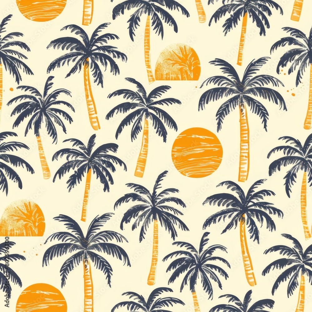 Obraz premium Simple Seamless Tropical Summer Pattern with Palm Trees and Sunny Beaches