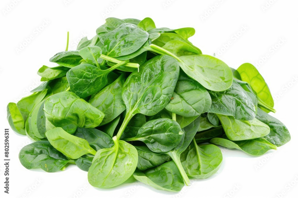 Pile of fresh green baby spinach leaves isolated on white background. Espinach Close up. Flat lay. Food concept - generative ai Pile of fresh green baby spinach leaves isolated on white background. Espinach Close up. Flat lay. Food concept - generative ai