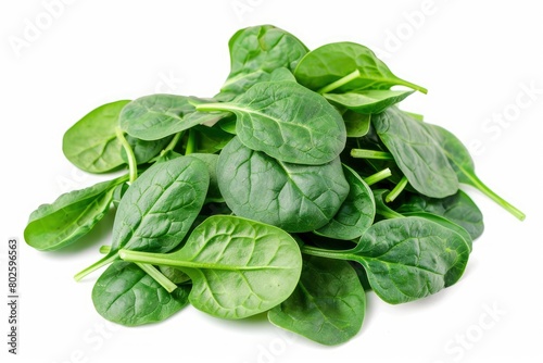 Pile of fresh green baby spinach leaves isolated on white background. Espinach Close up. Flat lay. Food concept - generative ai