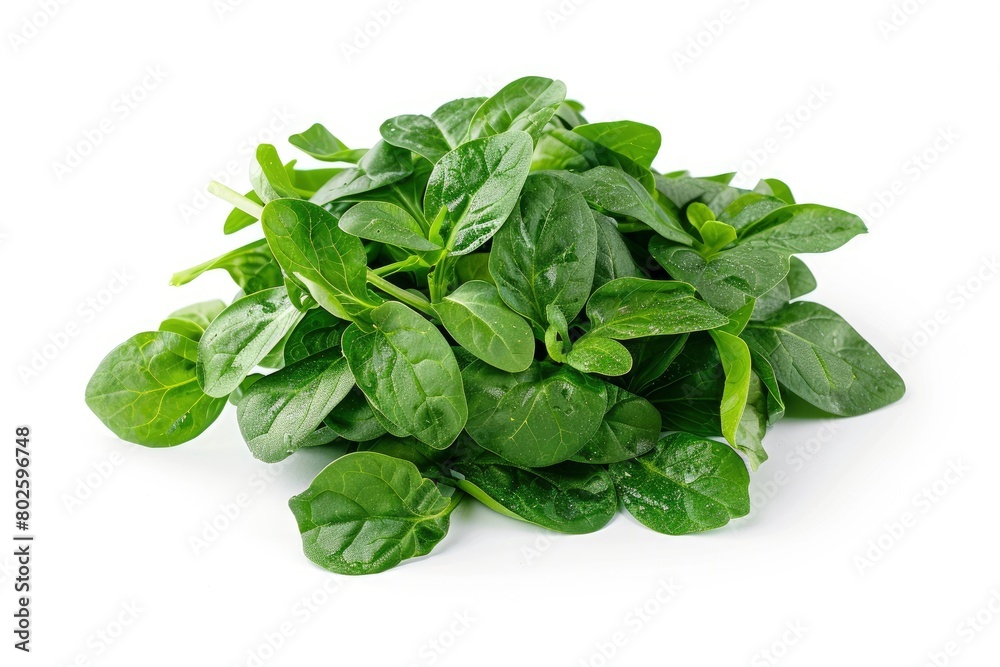 Pile of fresh green baby spinach leaves isolated on white background. Espinach Close up. Flat lay. Food concept - generative ai Pile of fresh green baby spinach leaves isolated on white background. Espinach Close up. Flat lay. Food concept - generative ai