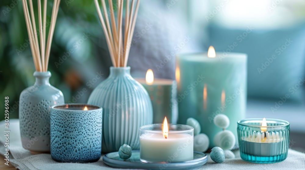 A collection of candles and diffusers fill the air with soothing scents creating a calming and inviting atmosphere.