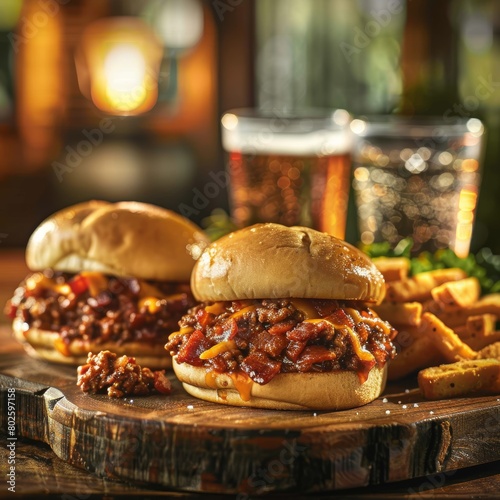 hearty bacon and cheddar sloppy joes with a juicy mixture of browned ground beef, crisp pieces of bacon, melted cheddar cheese photo
