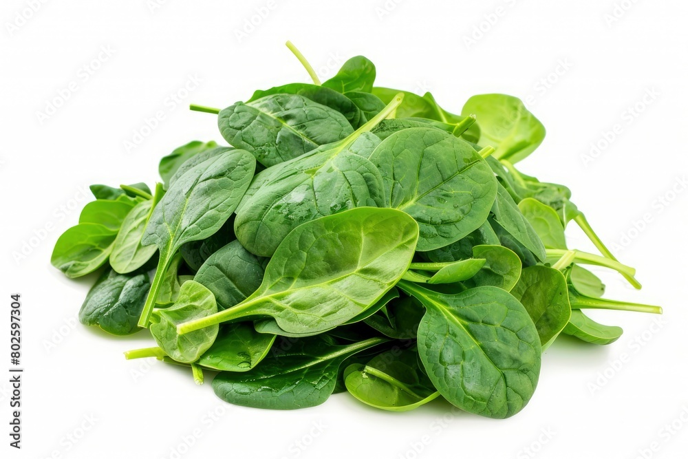 Pile of fresh green baby spinach leaves isolated on white background. Espinach Close up. Flat lay. Food concept - generative ai Pile of fresh green baby spinach leaves isolated on white background. Espinach Close up. Flat lay. Food concept - generative ai