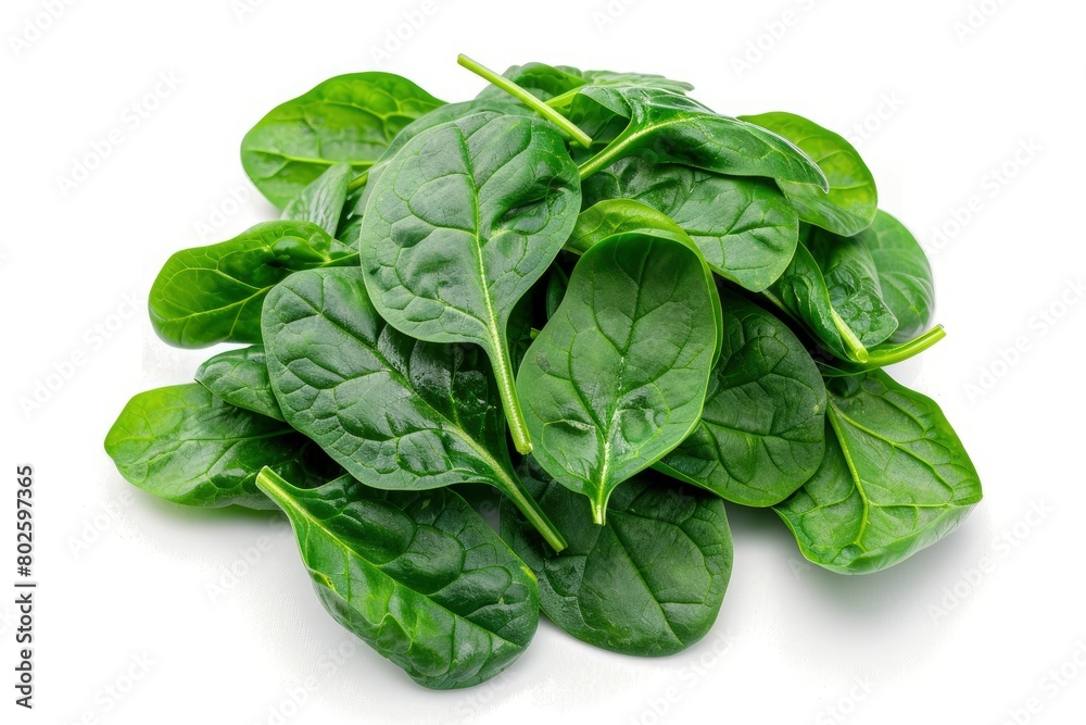 Pile of fresh green baby spinach leaves isolated on white background. Espinach Close up. Flat lay. Food concept - generative ai Pile of fresh green baby spinach leaves isolated on white background. Espinach Close up. Flat lay. Food concept - generative ai