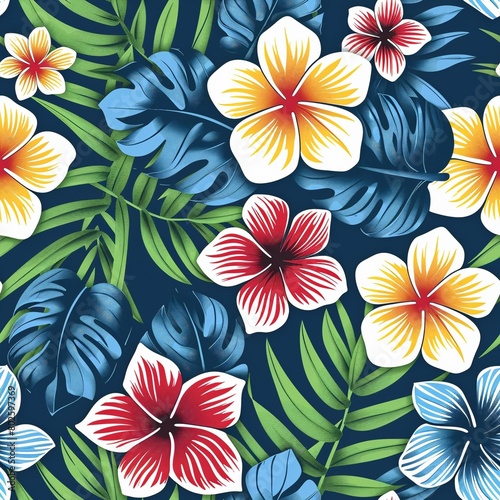 Blue Hawaiian tropical shirt seamless pattern with red and yellow and green 