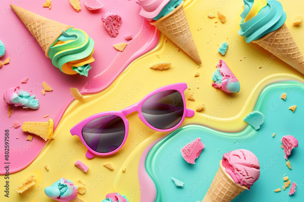 Fototapeta premium summer travel poster, sun glasses and ice cream, on the beach