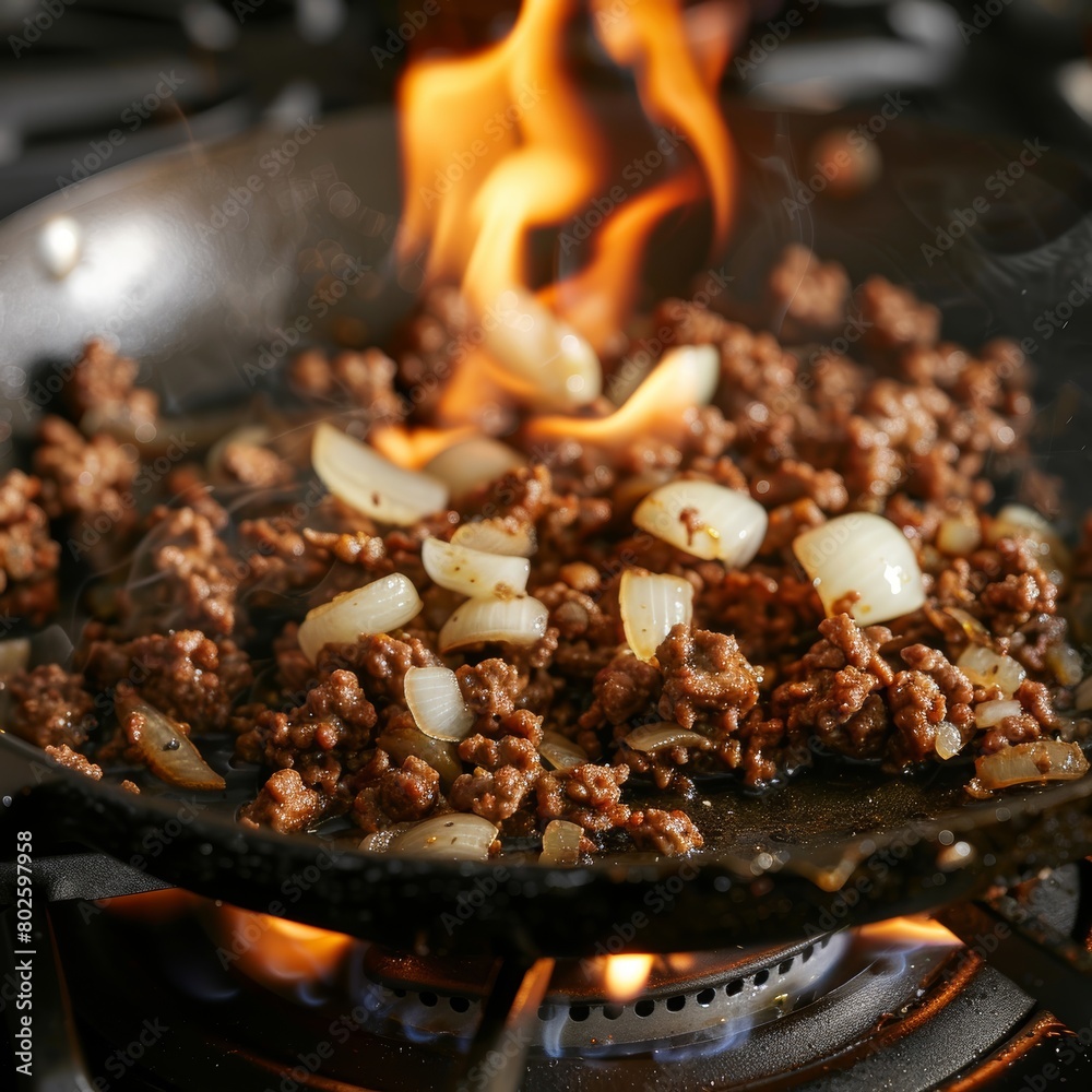 lean ground beef being browned in a skillet, with chopped onions and minced garlic mixed lean ground beef being browned in a skillet, with chopped onions and minced garlic mixed