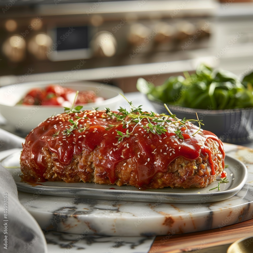 Meatloaf Supreme served on a modern marble ceramic plate with rich, flavorful sauce Meatloaf Supreme served on a modern marble ceramic plate with rich, flavorful sauce