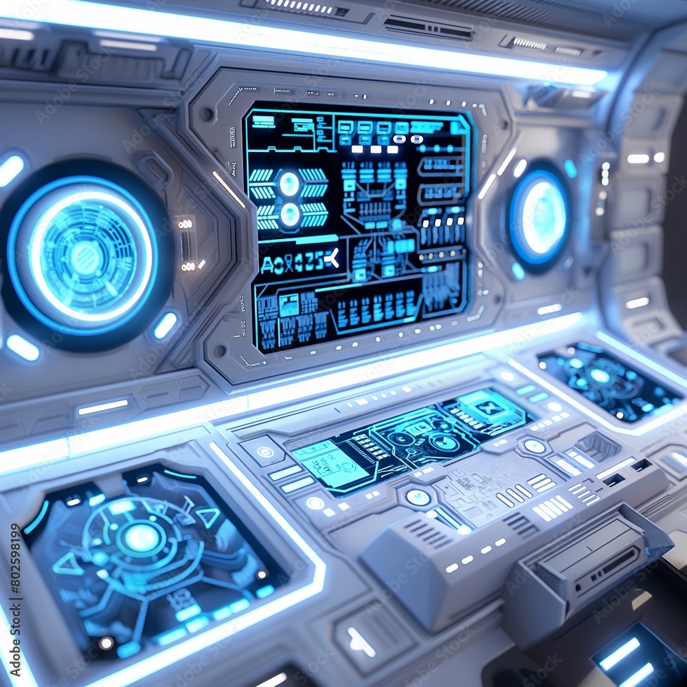 Obraz premium Control panel for spacecraft, white, blue, futuristic