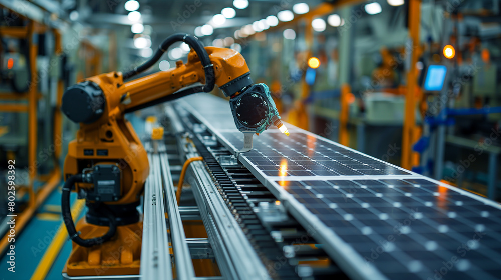 modern AI robotic arm working on solar panels production assembly line, industry automation 