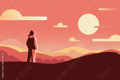 inspiring scene featuring a lone figure standing on a hilltop, gazing out over a beautiful landscape