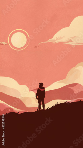 inspiring scene featuring a lone figure standing on a hilltop, gazing out over a beautiful landscape