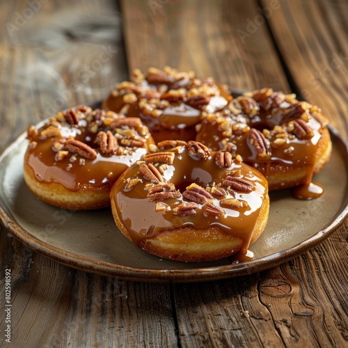 Pecan Caramel Donuts topped generously with glossy, dripping caramel sauce and sprinkled with finely chopped pecans