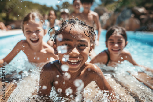 A group of happy smiling children having fun splashing in the swimming pool on a sunny day © ink drop