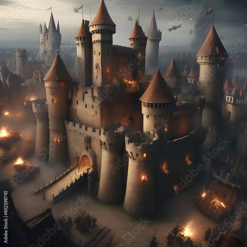 a castle on fire during a battle