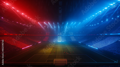 Luxury of Football stadium 3d rendering with red and blue light isolation background, Illustration 