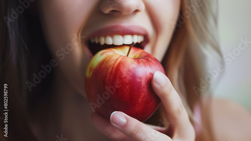 りんごをかじる女性の口元