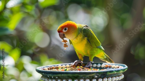 A small parrot perched on a bejeweled bird stand enjoying a serving of gourmet birdseed from a pearlembellished food dish. photo
